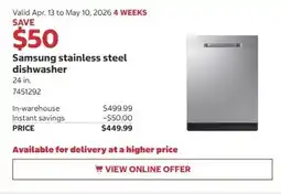 Costco Samsung stainless steel dishwasher offer