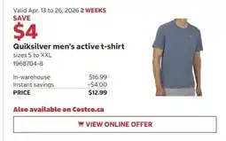 Costco Quiksilver men's active t-shirt offer