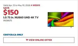 Costco LG 75 in. NU860 UHD 4K TV offer