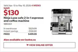Costco Ninja Luxe cafe 2-in-1 espresso and coffee machine offer