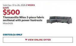 Costco Thomasville Miles 2-piece fabric sectional with power footrests offer