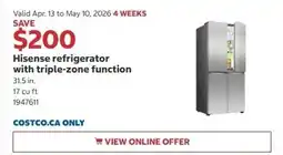 Costco Hisense refrigerator with triple-zone function offer