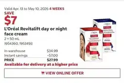 Costco L'Oréal Revitalift day or night face cream offer