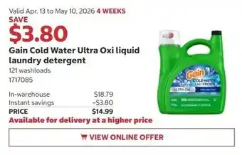 Costco Gain Cold Water Ultra Oxi liquid laundry detergent offer