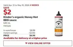 Costco Kinder's organic Honey Hot BBQ sauce offer