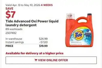 Costco Tide Advanced Oxi Power liquid laundry detergent offer