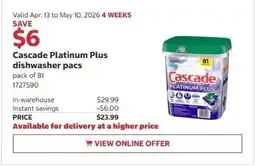 Costco Cascade Platinum Plus dishwasher pacs offer
