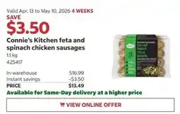Costco Connie's Kitchen feta and spinach chicken sausages offer