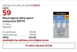 Costco Neutrogena ultra sport sunscreen SPF70 offer