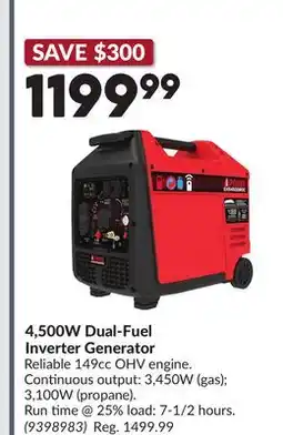 Princess Auto 4,500W Dual-Fuel Inverter Generator offer