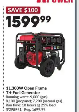 Princess Auto 11,300W Open Frame Tri-Fuel Generator offer