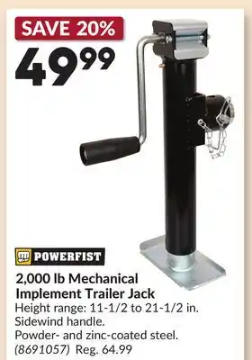 Princess Auto 2,000 lb Mechanical Implement Trailer Jack offer