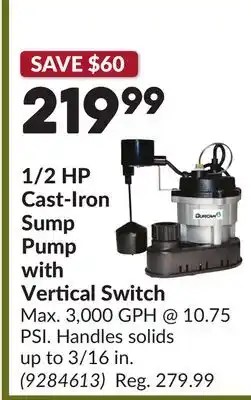 Princess Auto 1/2 HP Cast-Iron Sump Pump with Vertical Switch offer