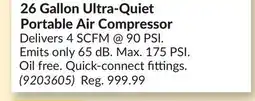 Princess Auto 26 Gallon Ultra-Quiet Portable Air Compressor offer