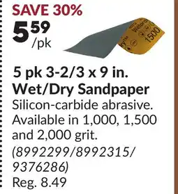 Princess Auto 5 pk 3-2/3 x 9 in. Wet/Dry Sandpaper offer