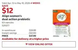 Costco Align women's dual action probiotic offer