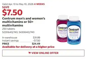 Costco Centrum men's and women's multivitamins or 50+ multivitamins offer