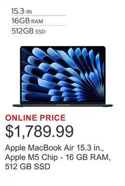 Costco Apple MacBook Air 15.3 in., Apple M5 Chip - 16 GB RAM, 512 GB SSD offer