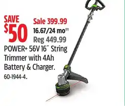 Canadian Tire EGO POWER+ 56V 16 String Trimmer with 4Ah Battery & Charger offer
