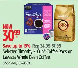Canadian Tire Keurig Selected Timothy K-Cup Coffee Pods or Lavazza Whole Bean Coffee offer