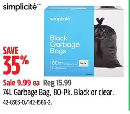 Canadian Tire Simplicite 74L Garbage Bag, 80-Pk offer