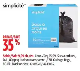 Canadian Tire Simplicité 74L Garbage Bags offer