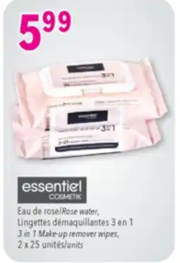 Familiprix ESSENTIEL COSMETIC, Rose water, 3in 1 Make-up remover wipes, 2x 25 units offer