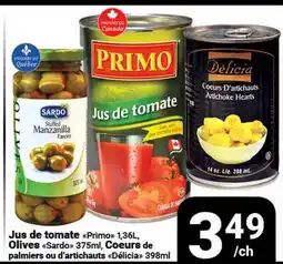 Pasquier Jus de tomate Primo 1,36L, Olives Sardo 375ml, Coeurs de palmiers ou d'artichauts Délicia 398ml offer