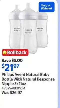 Walmart Philips Avent Natural Baby Bottle With Natural Response Nipple offer