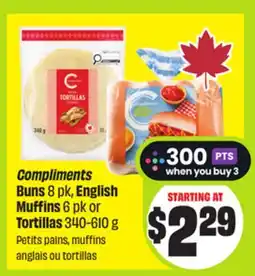 FreshCo Compliments Buns 8 pk, English Muffins 6 pk or Tortillas offer