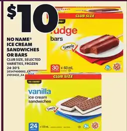 Loblaws NO NAME ICE CREAM SANDWICHES OR BARS, 24-30'S offer