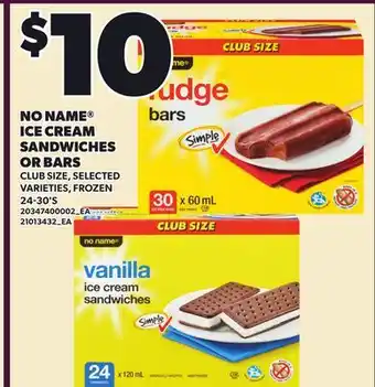 Loblaws NO NAME ICE CREAM SANDWICHES OR BARS, 24-30'S offer