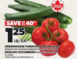 Loblaws GREENHOUSE TOMATOES ON THE VINE OR ENGLISH CUCUMBERS offer