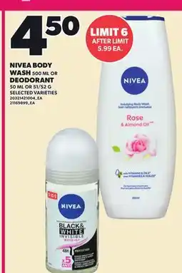 Loblaws NIVEA BODY WASH, 500 ML OR DEODORANT, 50 ML OR 51/52 G offer