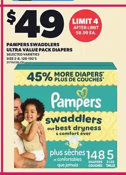 Loblaws PAMPERS SWADDLERS ULTRA VALUE PACK DIAPERS, SIZE 2-8, 120-192'S offer
