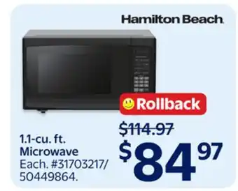 Walmart Hamilton Beach 1.1-cu ft. Microwave offer