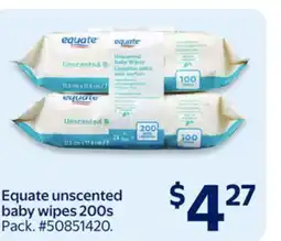 Walmart Equate unscented baby wipes 200s offer