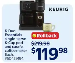 Walmart K-Duo Essentials single-serve K-Cup pod and carafe coffee maker offer