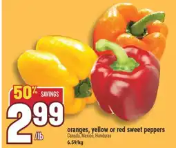 Marché Adonis Oranges, yellow or red sweet peppers offer