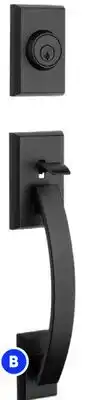RONA Weiser Matte black Tavaris handlesets and Breton door levers offer