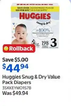 Walmart Huggies snug & dry value pack diapers offer