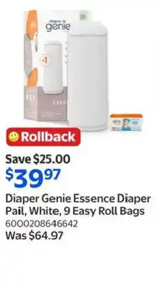 Walmart Diaper Genie Essence Diaper Pail, White, 9 Easy Roll Bags offer