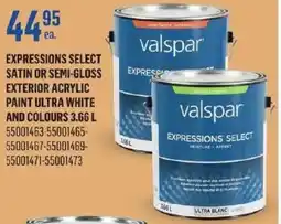Canac Expressions select satin or semi-gloss exterior acrylic paint ultra white and colours 3.66 l offer