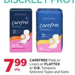 Rexall CAREFREE Pads or Liners or PLAYTEX or O. B. Tampons offer