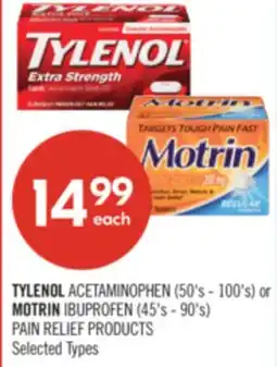 Shoppers Drug Mart TYLENOL ACETAMINOPHEN (50's - 100's) or MOTRIN IBUPROFEN (45's - 90's) PAIN RELIEF PRODUCTS offer
