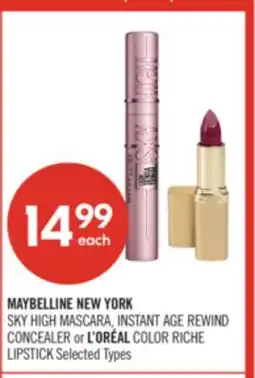 Shoppers Drug Mart MAYBELLINE NEW YORK SKY HIGH MASCARA, INSTANT AGE REWIND CONCEALER or L'ORÉAL COLOR RICHE LIPSTICK offer