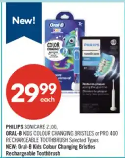 Shoppers Drug Mart PHILIPS SONICARE 2100, ORAL-B KIDS COLOUR CHANGING BRISTLES or PRO 400 RECHARGEABLE TOOTHBRUSH offer