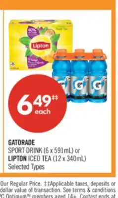Shoppers Drug Mart GATORADE SPORT DRINK (6 x 591mL) or LIPTON ICED TEA (12 x 340mL) offer