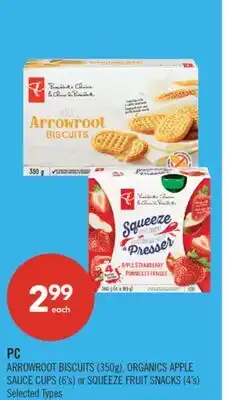Shoppers Drug Mart PC ARROWROOT BISCUITS (350g), ORGANICS APPLE SAUCE CUPS (6's) or SQUEEZE FRUIT SNACKS (4's) offer