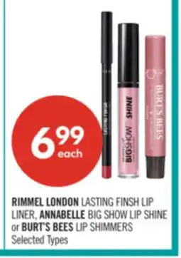 Shoppers Drug Mart RIMMEL LONDON LASTING FINSH LIP LINER, ANNABELLE BIG SHOW LIP SHINE or BURT'S BEES LIP SHIMMERS offer